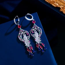 Creative Multicolor Cubic Zirconia Extra Long Dangle Tassel Drop Huggie Earrings