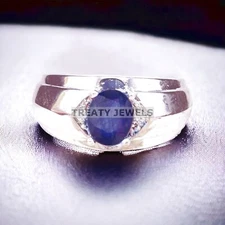 Blue Sapphire Oval Cut Gemstone With 925 Sterling Silver Ring For Men's #A218