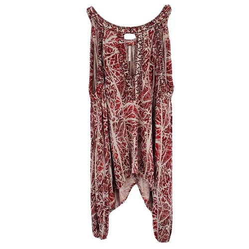 Top túnica Free People talla pequeña rojo y gris con cuentas buenos días hombro frío - Imagen 1 de 10