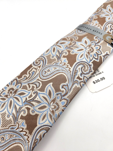 GEOFFREY BEENE Paisley Tie Necktie Tan Blue White 100% Silk 3" Wide New with Tag - Picture 2 of 5