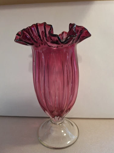 Vintage Tall Ruffled Cranberry/Clear Footed Fenton Vase