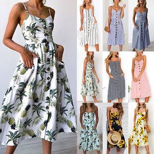 Women Floral Strappy Lace Up Midi Dress Party Summer Beach Holiday Slip Sundress Women Floral Strappy Lace Up Midi Dress Party Summer Beach Holiday Slip Sundress