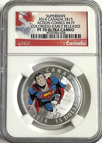 2014 Canada $15 3/4oz  Silver Superman Comics #419 Colorized ER NGC PF70 UCAM
