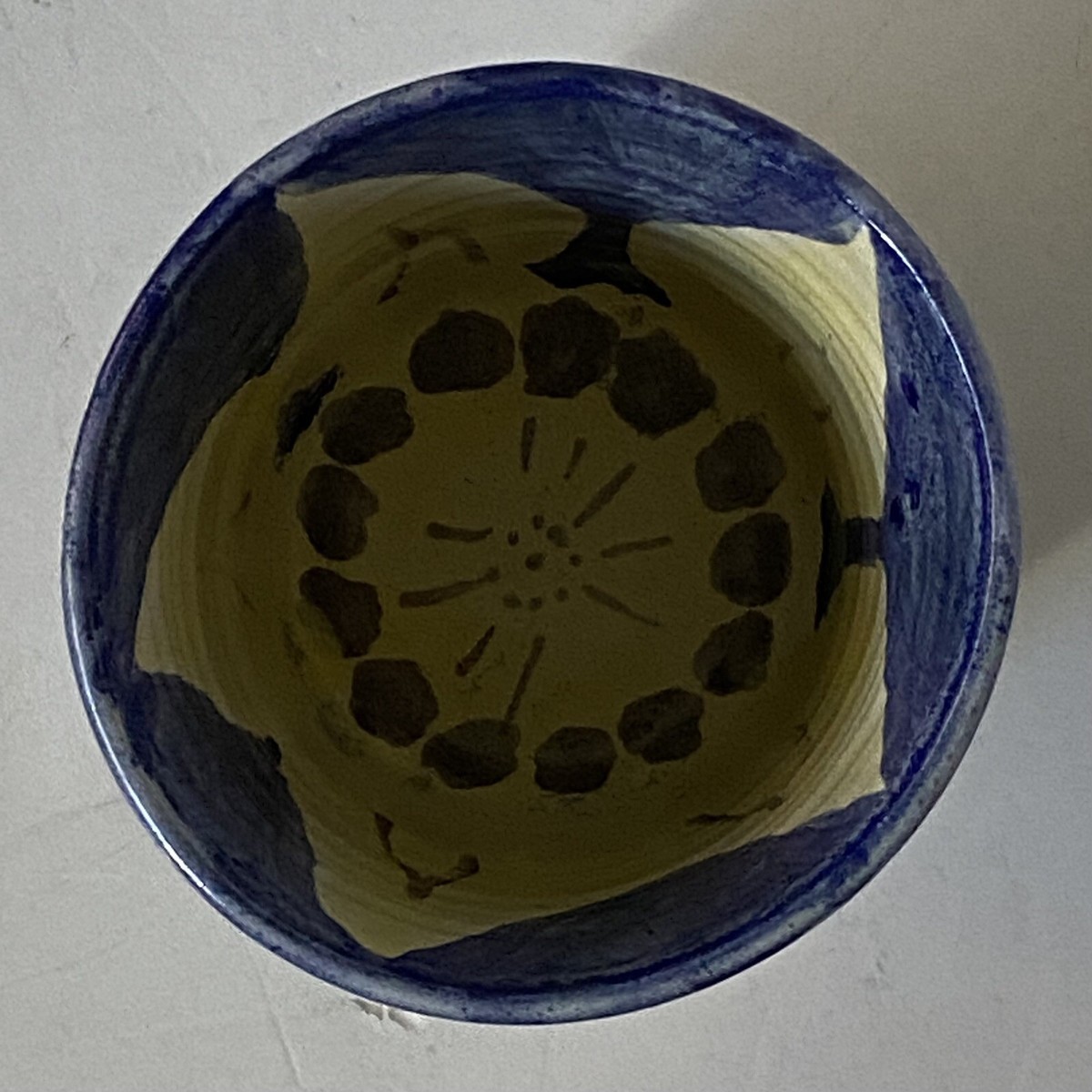 Vintage Studio Pottery Plant Pot Hand Painted House Blue Yellow 94