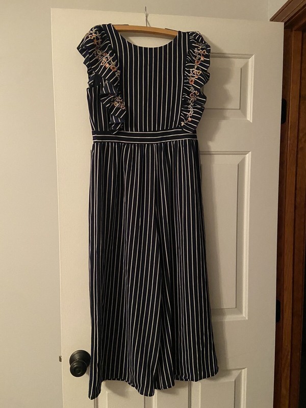 Knit Works Girls Size Large 16 Flutter Sleeve Navy Stripe Jumper Summer Vacation