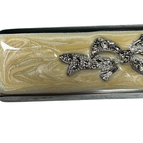 Vintage Metall Lippenstift Etui Schmuck Schleife gelb Strass Band Schleife Spiegel - Bild 7 von 17