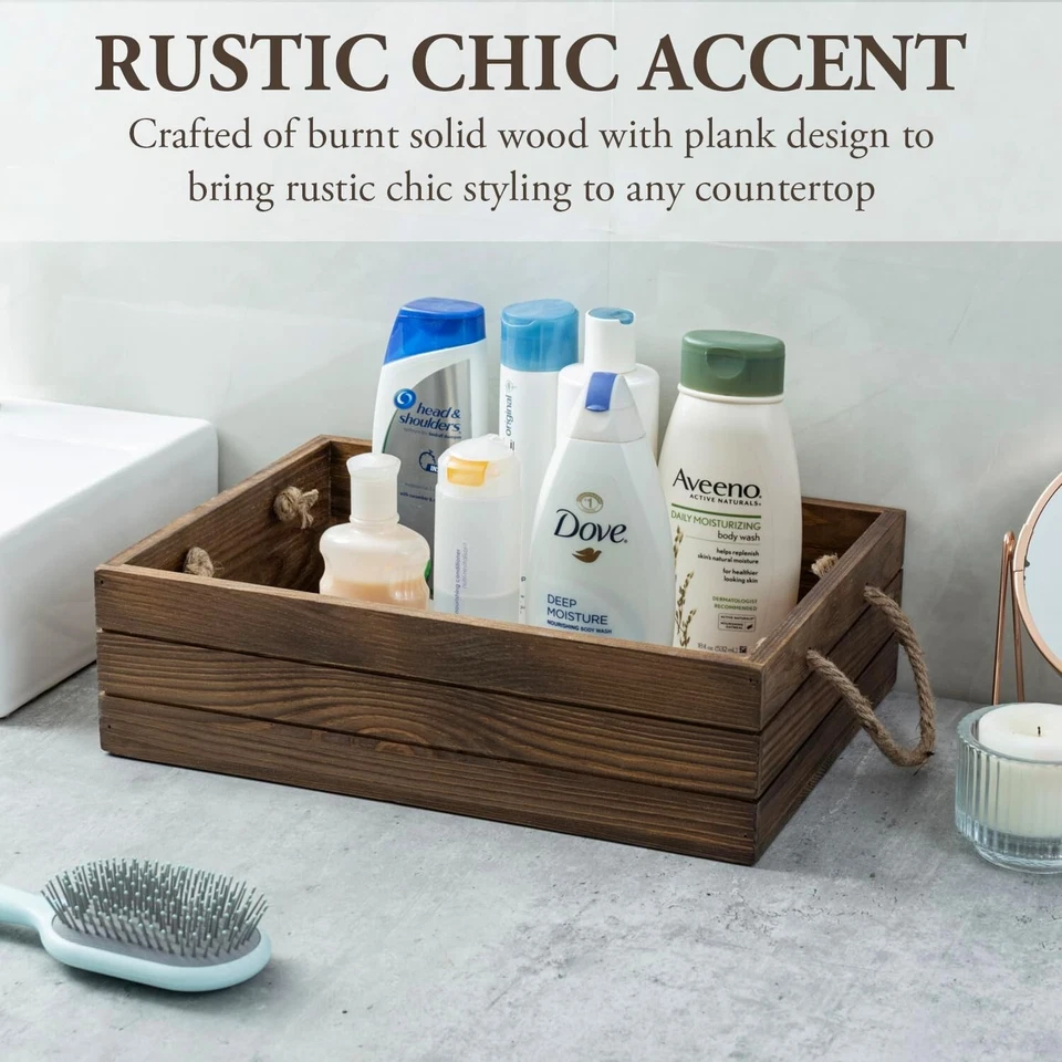 Brown Wood Decorative Storage Box, Farmhouse Containter w/ Rope Carrying Handles - Image 2 of 4