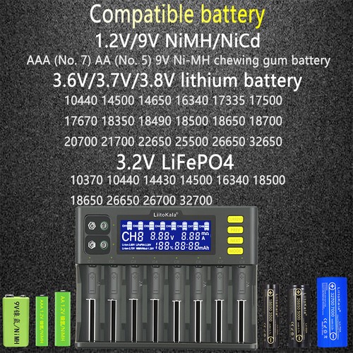 LiitoKala Lii-S8 Caricabatteria per ricarica rapida agli ioni di litio/IMR/LiFePO4 AAA 9V 9V - Foto 11 di 13