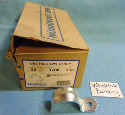 MADISON ONE HOLE EMT STRAP, 1705, 1-1/2" ZINC PLATED STEEL (BOX OF 20) - Picture 1 of 5