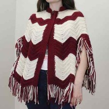 Vintage 70s Knit Chevron Poncho with Fringe hem