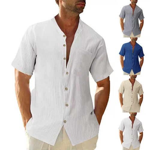 Herren Sommer Leinen Kurzarm Hemd Einfarbig Lässig Locker Knopf Bluse Tops - Bild 1 von 26