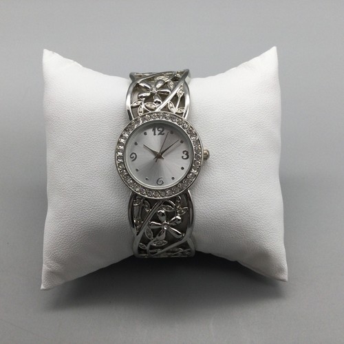 Accutime Bling Watch Women 26mm Crystal Silver Tone Floral Open Cuff New Battery - Picture 3 of 15