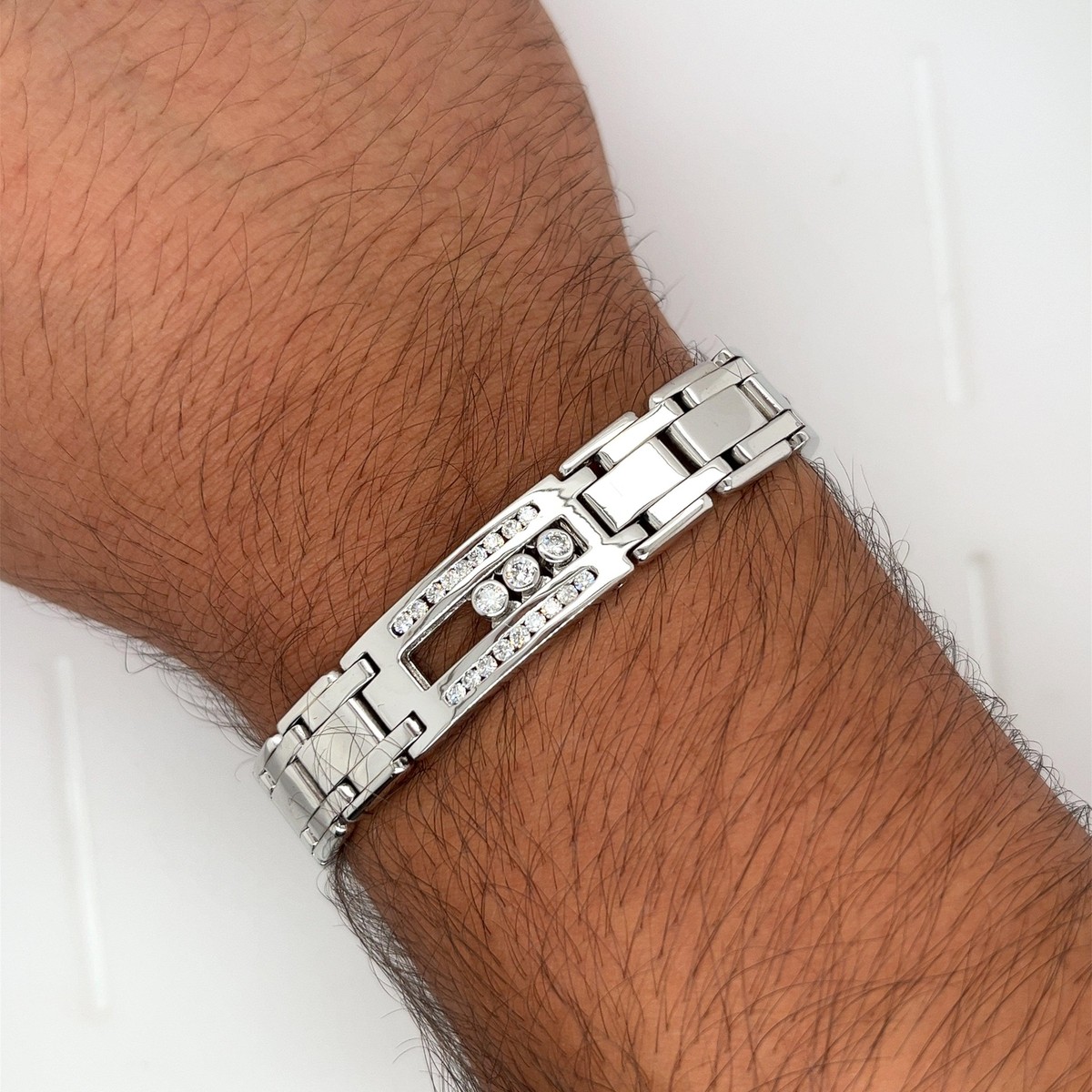 Floating Channel Set Natural Diamond Mens Link Bracelet in 14K White Gold eBay