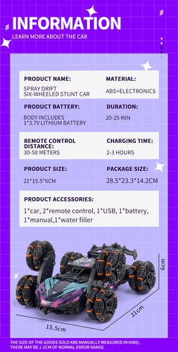 RC Auto 6 Ruote Trazione Stunt Spray Auto Braccio Oscillante Drift Deformazione Stunt Car - Foto 14 di 24