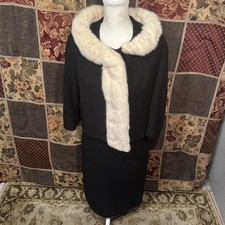 VINTAGE Lilli Ann Paris Coat Skirt Set Women's Medium Black Cream Fox Trim 1960s
