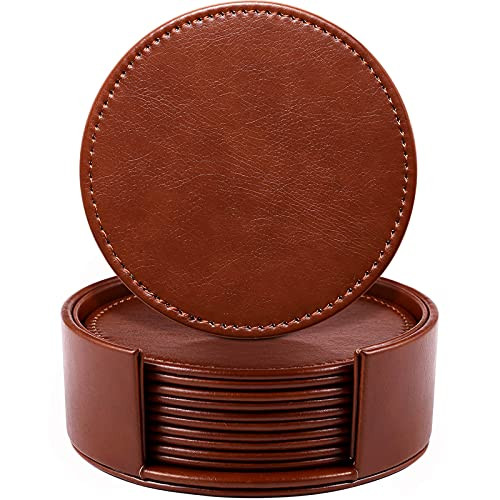 Leather Coasters for Drinks, 4" Drink Coasters Set of 6 with Holder for - Bild 1 von 6