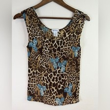 Vintage Y2K Brown Leopard Print waffle Tank with Blue Floral Accents