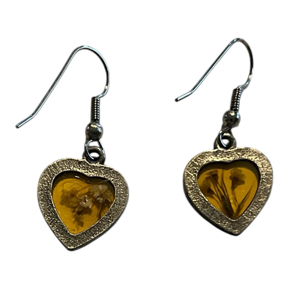 Pendientes Vintage Corazón Ámbar Resina Plata Floral Inclusiones Foto 2 de 2