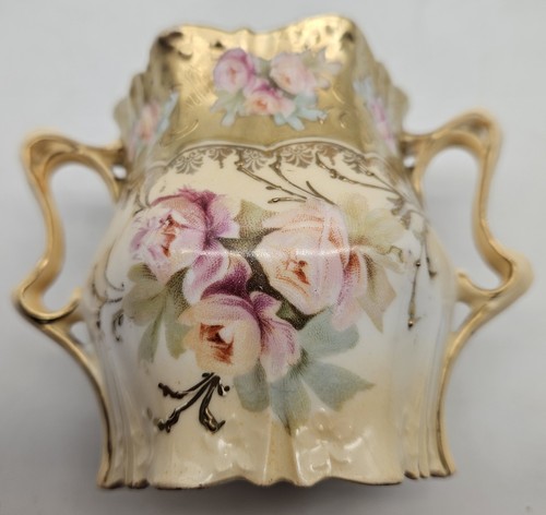 Antiguo azucarero de porcelana pintado a mano sin tapa detalles dorados diseño floral rosa - Imagen 8 de 14