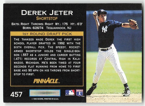 1993 Pinnacle #457 Derek Jeter BASEBALL New York Yankees - Picture 2 of 2