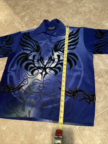 Silver Point blau schwarz Muster Knopfleiste 100% Polyester Kurzarm Med. Shirt - Bild 3 von 8