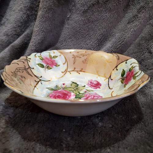 Vintage Trimont Ware Japan Lusterware Floral Rose Gold Trim Collectable Bowl 8" - Picture 4 of 7