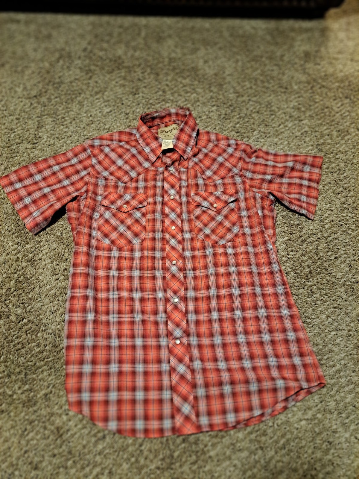 Wrangler Western Shirt Mens MED Red White Plaid Pearl Snap Short Sleeve Cowboy