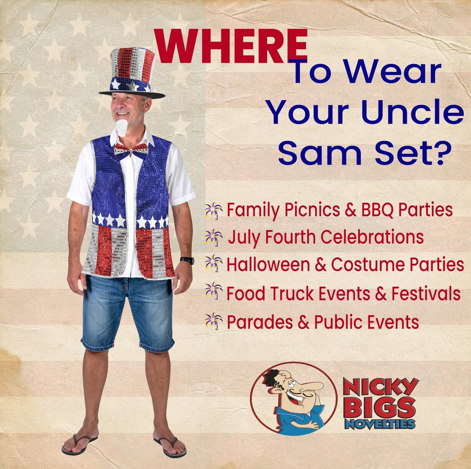 Conjunto de Disfraz de Tío Sam Adulto Sombrero Chaleco Pajarita Barba Patriótico 4 de Julio Foto 4 de 4