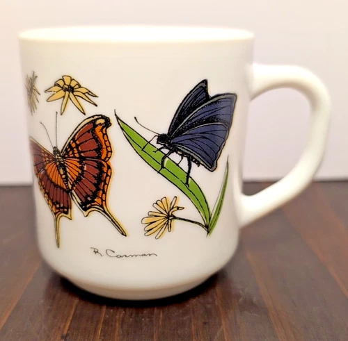 Arcopal France Butterfly Milk Glass 8 Oz Mug Signed R. Carman Vintage 1960's