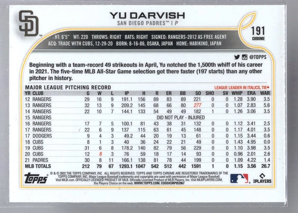 * 2022 Topps Chrome - Pink Refractor #191 - YU DARVISH - Image 2 of 2