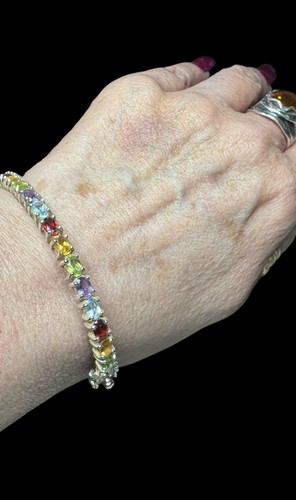 Women’s Sterling 925 Genuine Multi Gemstone Heavy Hinged Bracelet 8" Birthstone
