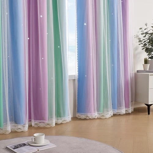  Cortinas azules para decoración de dormitorio 34"W x 63"L (paquete de 1) verde púrpura azul Foto 3 de 4