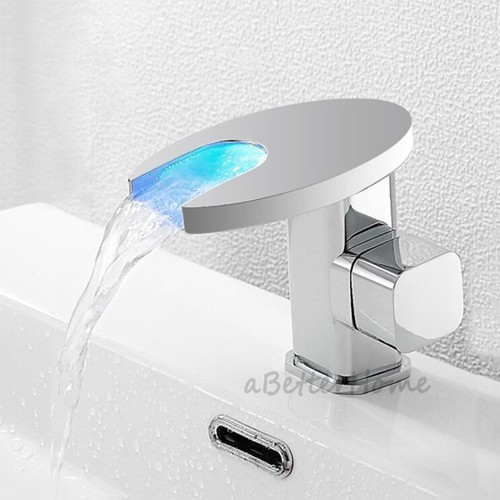 Oval Bathroom Sink Waterfall LED Light Changing Faucet Vanity Water Mixer Tap - Picture 8 of 10