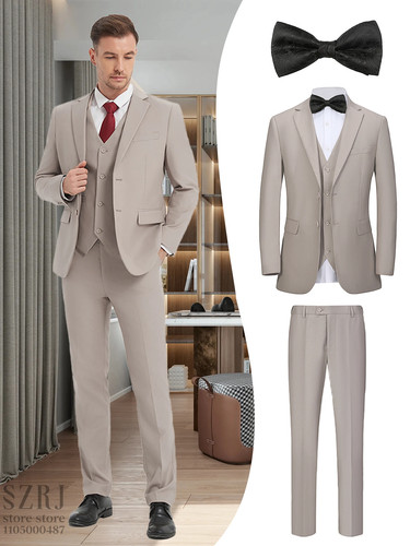 British Style Mens Suit Set (Jacket+Vest+Pants+Bow Tie) Slim Elegant for Wedding - Picture 9 of 29