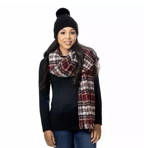 Emanuel Geraldo Hat & Blanket Scarf Set Black Pom Beanie Burgundy Plaid Wrap New - Bild 5 von 10