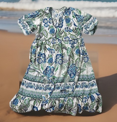 Fig & Flower Kleid Leinen Viskose Mischung blau grün Blumen Comfort Strand Gr. XL - Bild 1 von 9