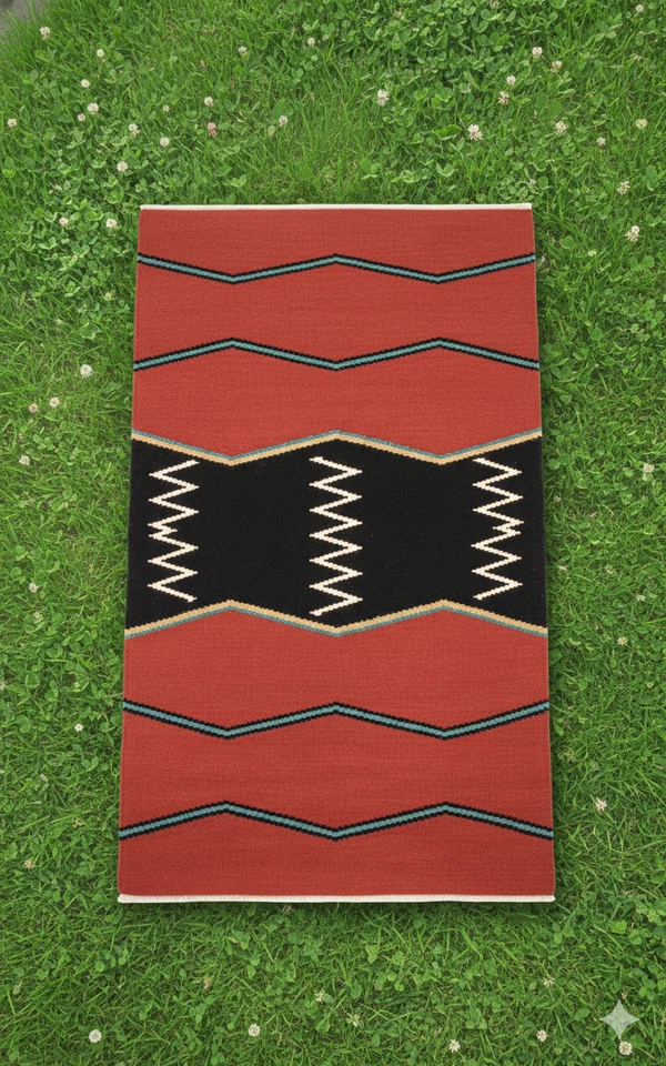 4x6 ft Southwestern Storm Pattern Wool Red Navajo Handwoven Flatweave Area Rug - Image 2 of 4