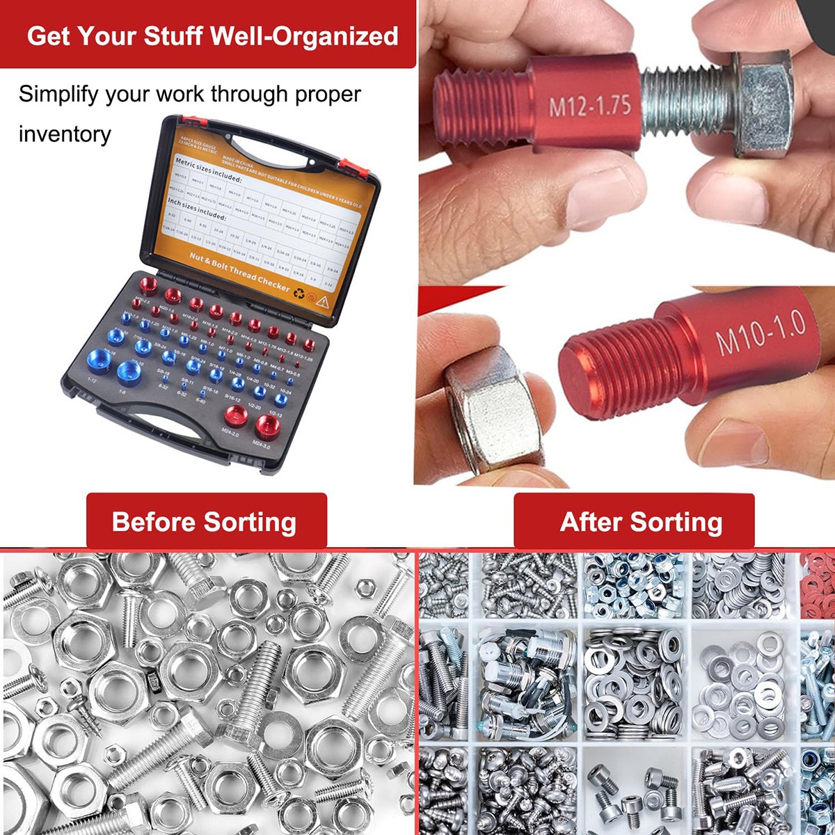 44 PCS（23 Inch & 21 Metric）Nut and Bolt Gauges Nut and Bolt Thread Checker Set