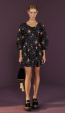Farm Rio S Small Rainbow Suns Mini Dress Black Graphic Print Puff Sleeve $195