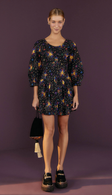 Farm Rio S Small Rainbow Suns Mini Dress Black Graphic Print Puff Sleeve  $195 196198049850| eBay