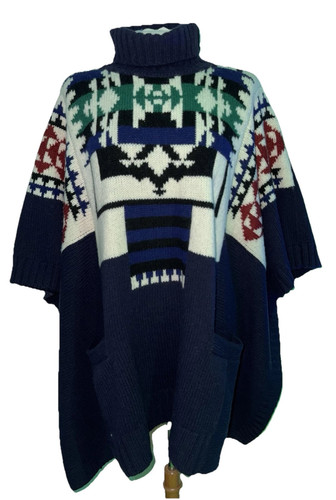 SACAI LUCK BLUE RED WOOL NAVAHO HIGH NECK PONCHO LOOSE FIT SIZE L/XL - Picture 1 of 12