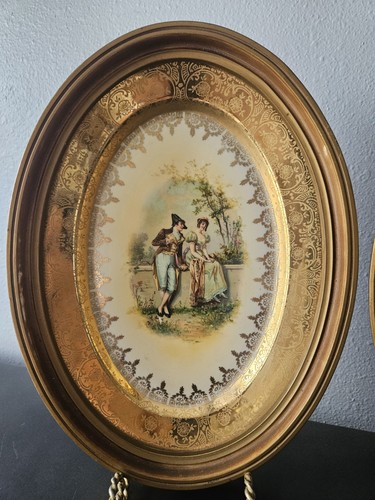 Vtg Wood Framed Oval Porcelain Plates "HandPainted" Portraits Victorian Couple - Picture 6 of 10