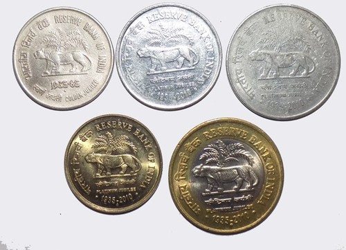 2010 INDIA REPUBLIC COMMEMORATIVE RESERVSE BANK 5 COINS( 50 P,1 2 5 10 RS.) SET - Picture 2 of 13