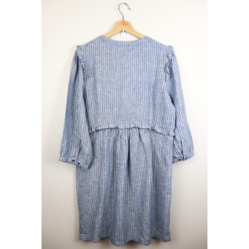 Garnet Hill Linen Ruffle-Detail Dress 14 Sky Mini Stripe Blue Button Front - Picture 4 of 10