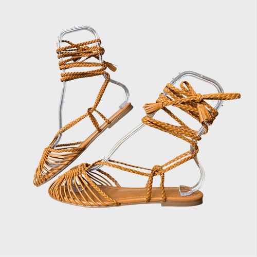 Anthropologie Women's 37 US 6.5-7 Flat Camel Tan Braided Tie Gladiator Sandals - Picture 1 of 14