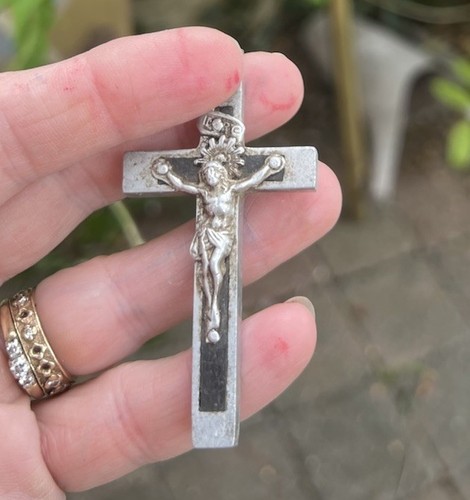 Vintage French cross Pectoral Bronze 2½” Crucifix Necklace Art Deco Pendant - Picture 3 of 10