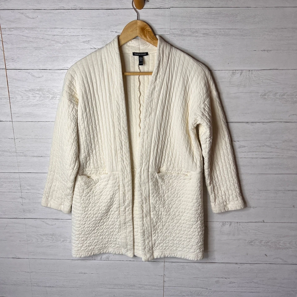 Cárdigan Eileen Fisher para mujer talla XXS marfil gasa texturizado 100 % algodón orgánico Foto 3 de 4