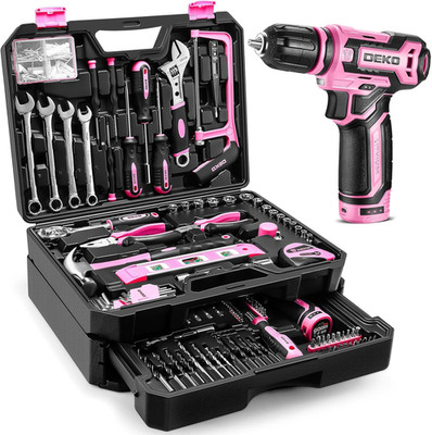 238-teiliges rosa Werkzeugset mit 12 V Akkuschrauber Heimwerker Reparatur Set Koffer