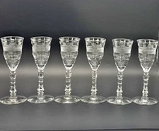 Rare VTG Libbey Rock Sharpe Clear Floral Etched Cordial Glasses 4.75"  set 6 Bar