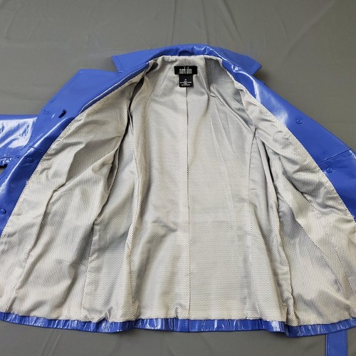 VINTAGE Mark Alan cappotto donna M cintura trench vernice 100% vera pelle blu - Foto 11 di 12